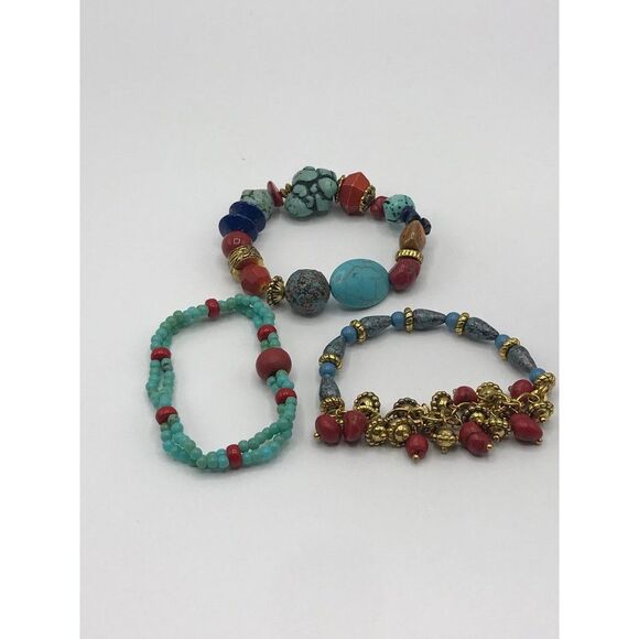 Boho Ethnic Tribal faux blue,red,turquoise browns,gold tone set of 3 - Picture 3 of 3